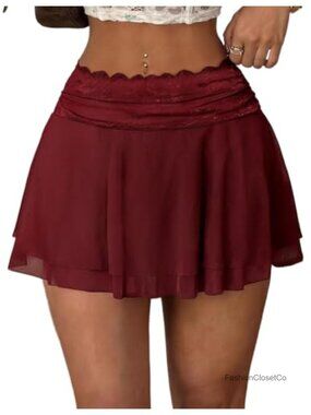 Women's Pleated Mini Skirt Lace Mesh Layered Ruffle Hem A-Line Flared